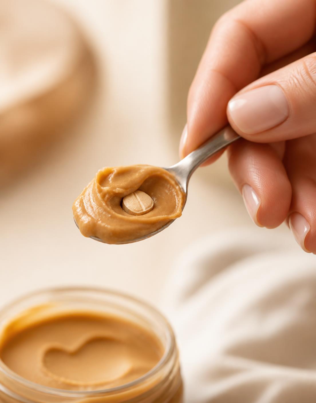 A pill tucked into a spoonful of peanut butter