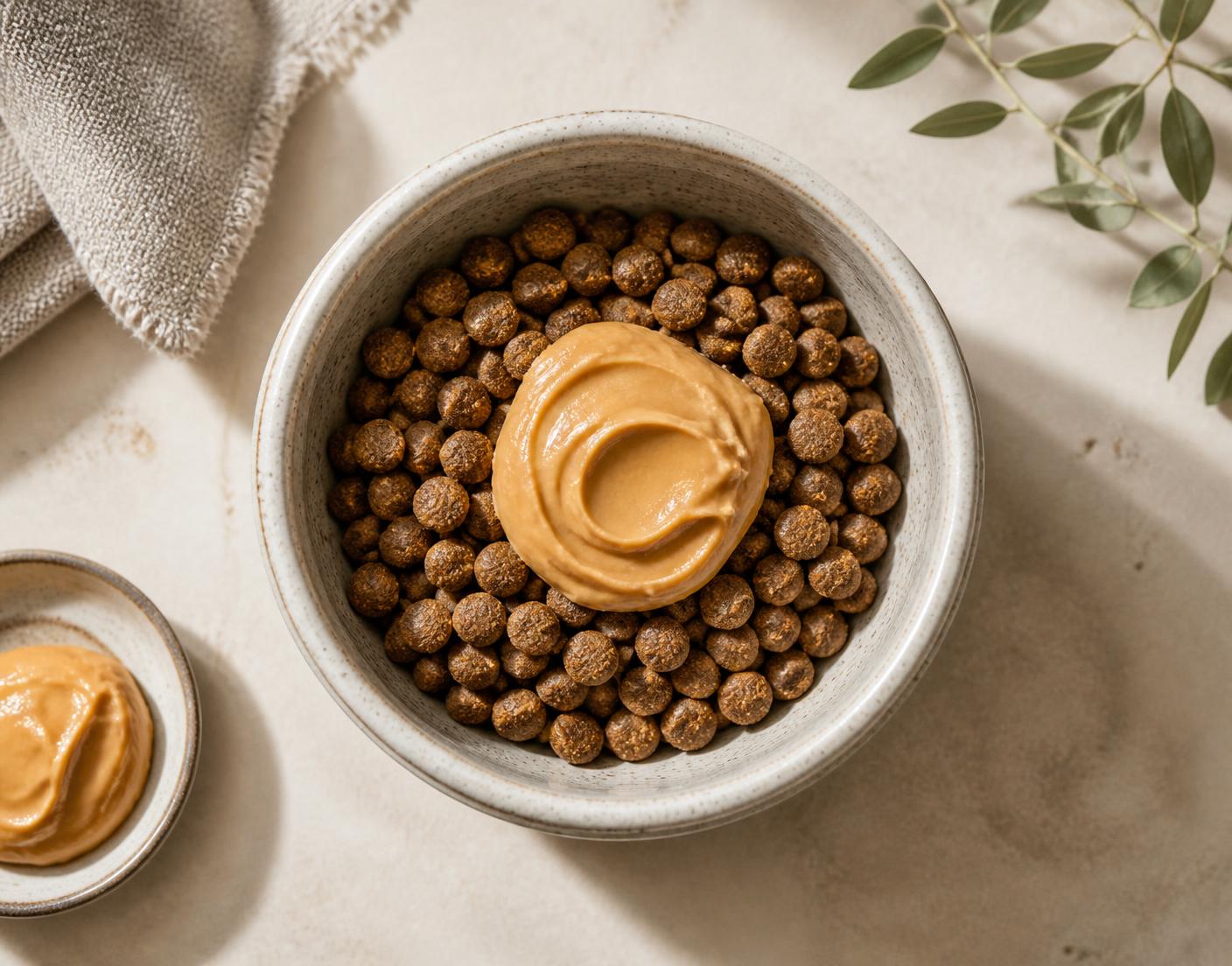 Peanut butter spooned over a bowl of dog food