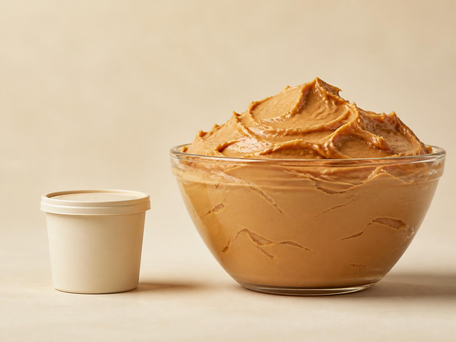One 12 oz tub of powder next to the roughly three pounds of peanut butter it makes